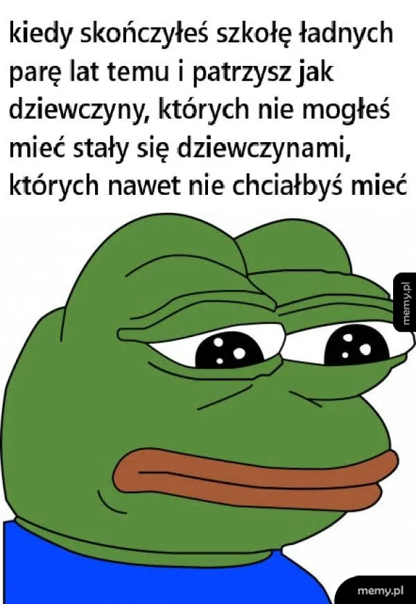 Postać żaby Pepe z wyrazem smutku, tekst w górnej części.