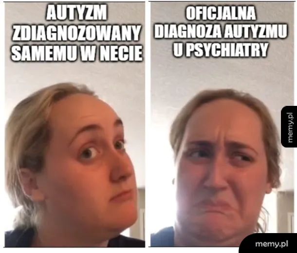 Kobieta z dwiema różnymi minami, jedna z uśmiechem, druga z niezadowoleniem.