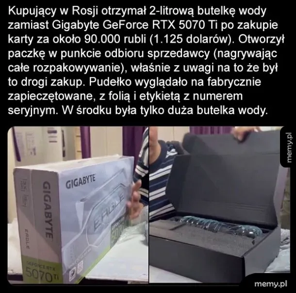 Pudełko karty graficznej z butelką wody w środku.