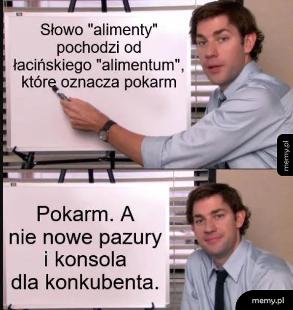 Mężczyzna wskazuje na tekst, wyjaśniając pochodzenie słowa 'alimenty'.
