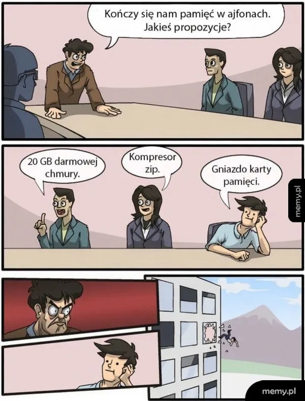 Mężczyzna i trzy kobiety w biurze dyskutują o pamięci w urządzeniach.