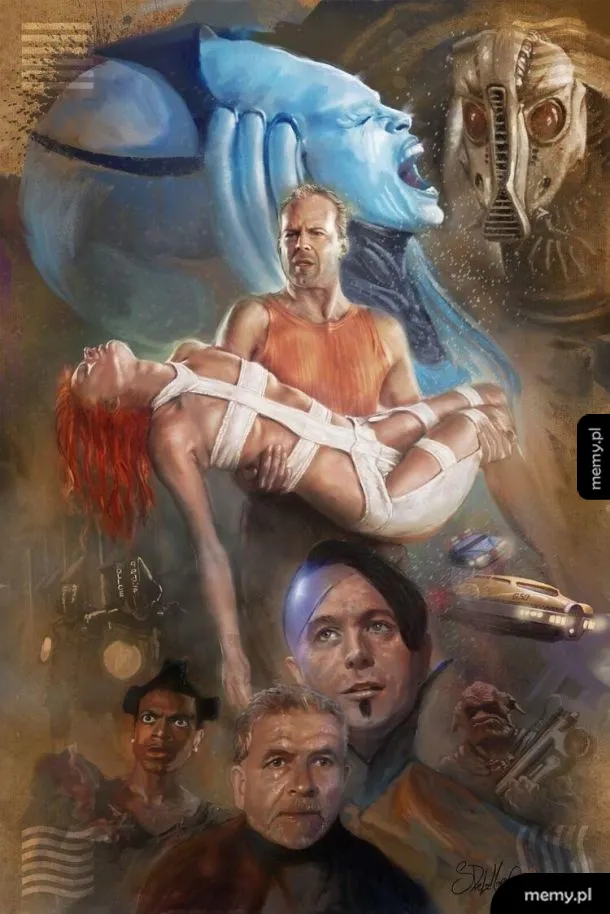 Kolaż postaci z różnych filmów sci-fi, w tym niebieski stwór, mężczyzna z bronią i kobieta w białym stroju.