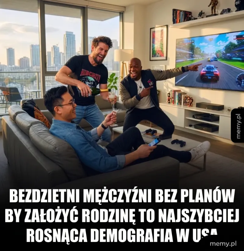 Trzech mężczyzn grających w gry wideo w nowoczesnym salonie.
