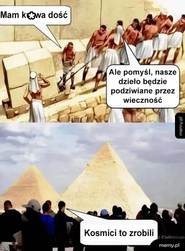 Grupa ludzi pracuje przy piramidach, z tekstami o ich pracy i kosmitach.