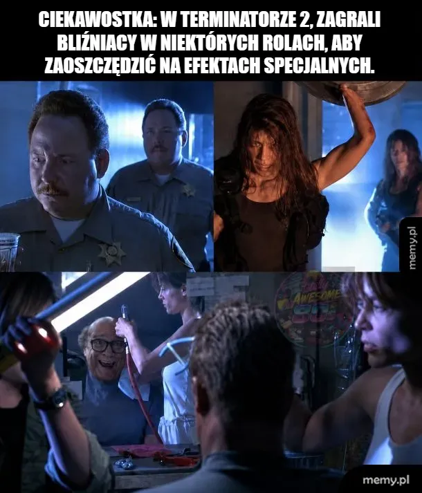 Sceny z filmu Terminator 2 z postaciami w różnych rolach.