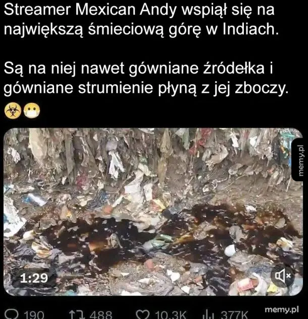 Zanieczyszczony teren z odpadami i brudną wodą.