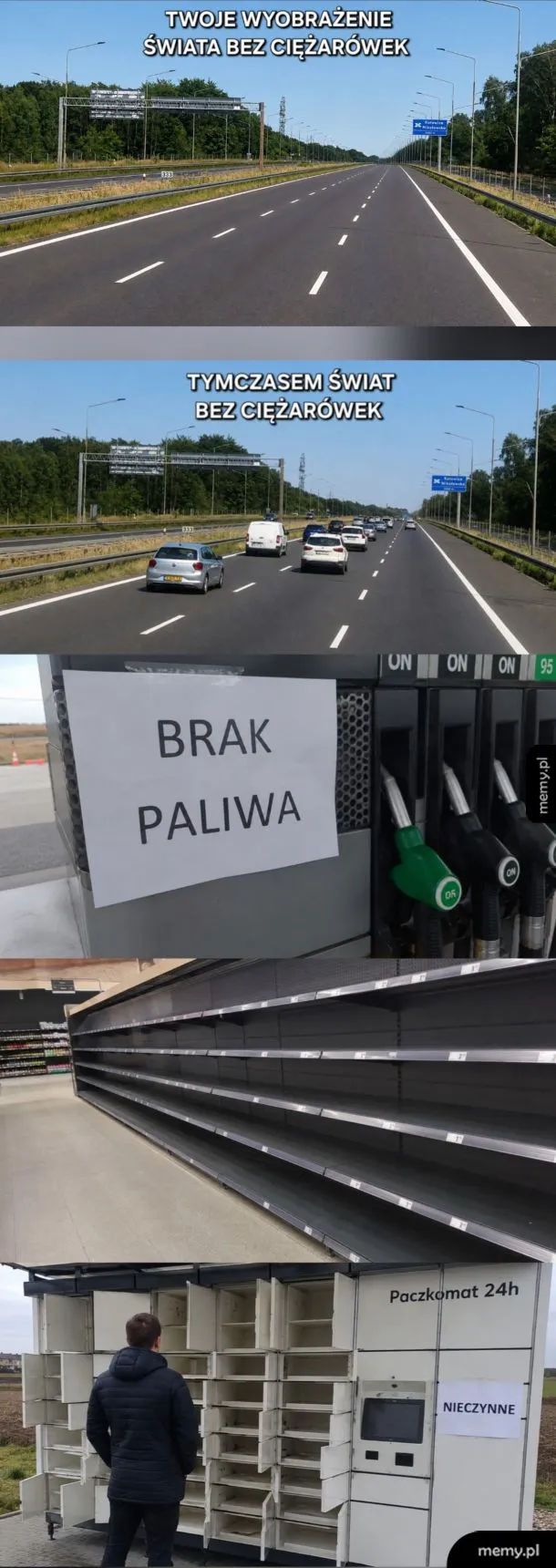 Droga bez ciężarówek, puste stacje paliw i puste półki.