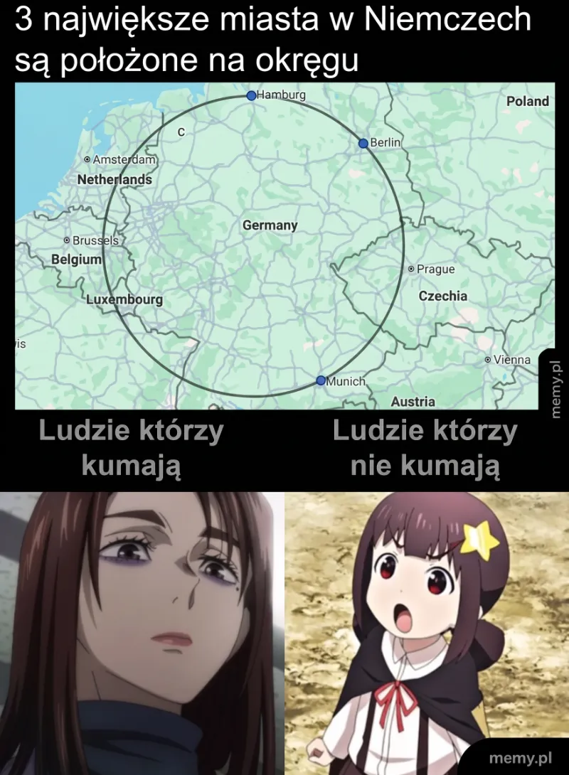 Mapa Niemiec z zaznaczonymi miastami oraz dwie postacie z anime.