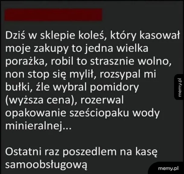Tekst na tle, opisujący frustrację z powodu obsługi w sklepie.