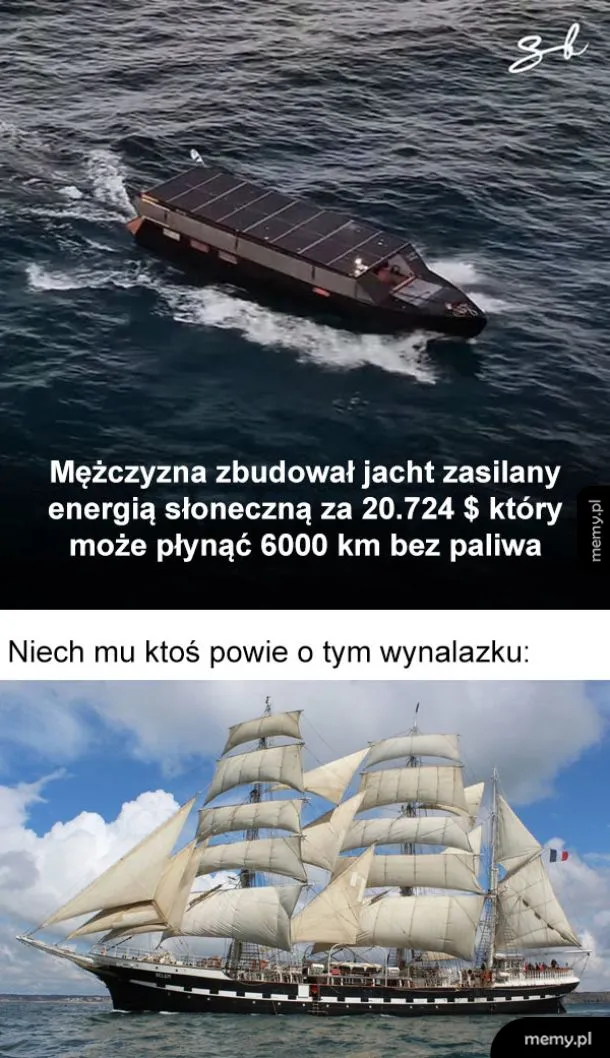 Jacht zasilany energią słoneczną na wodzie obok tradycyjnego żaglowca.
