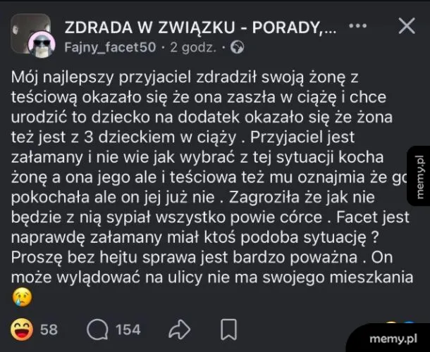 Post na forum dotyczący zdrady w związku i trudnej sytuacji rodzinnej.