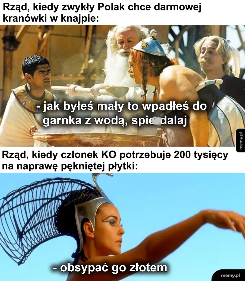 Dwuczęściowy mem z postaciami historycznymi i współczesnymi, porównującymi różne podejścia do problemów.