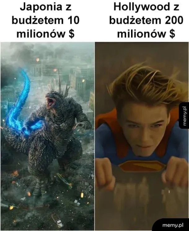 Godzilla w zniszczonym mieście i superbohater w locie.