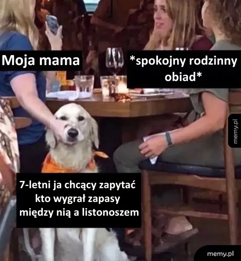 Pies w pomarańczowej chustce siedzi przy stole, obok dwie osoby.