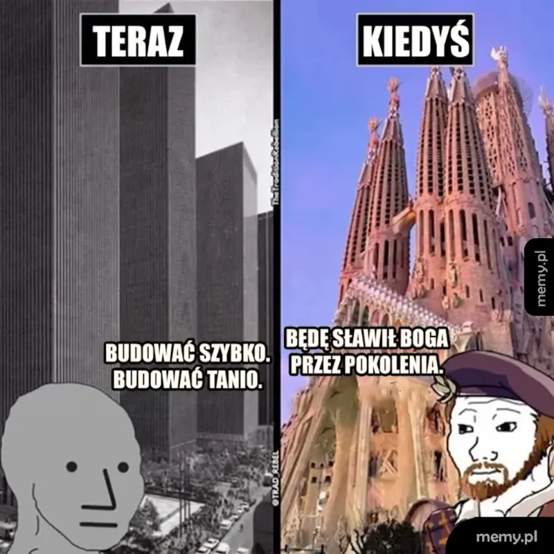 Dwa obrazy: nowoczesny budynek i katedra Sagrada Familia.