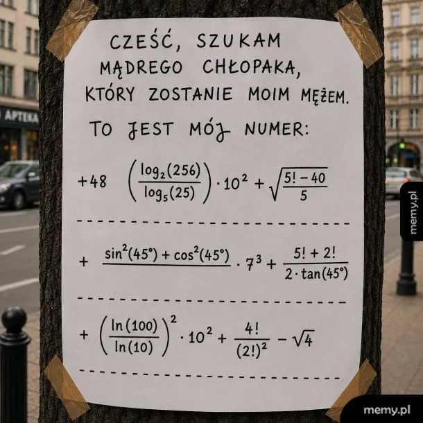 Kartka na drzewie z matematycznymi równaniami i numerem telefonu.
