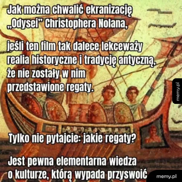Statek w stylu antycznym na tle tekstu krytykującego film.