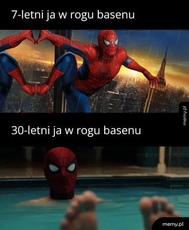 Postać w kostiumie Spider-Mana w dwóch różnych sytuacjach: w młodości i dorosłości.