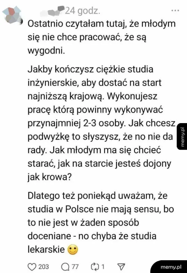 Tekst na tle białym, poruszający temat pracy i studiów inżynierskich.