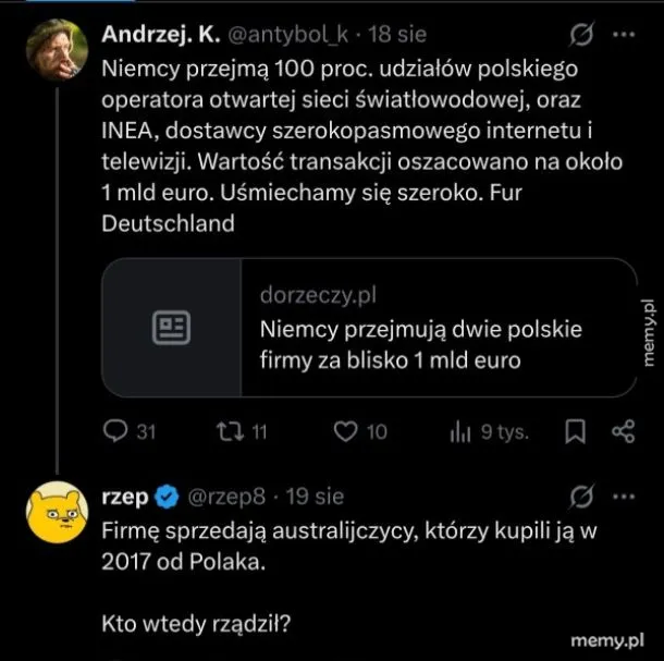 Dyskusja na Twitterze o polskim operatorze sieci i transakcji wartości 1 mld euro.