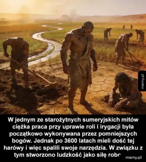Grupa ludzi w starożytnym otoczeniu, pracujących na polu.
