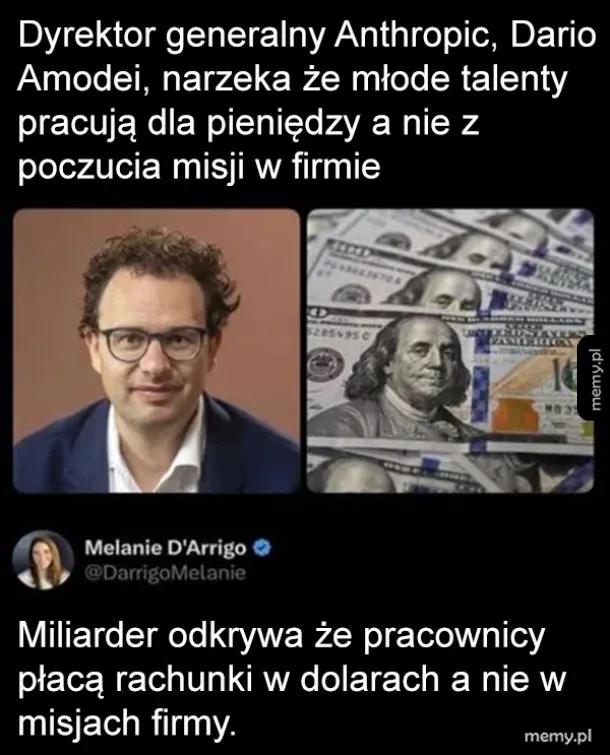 Mężczyzna w okularach obok zdjęcia banknotów dolarowych.