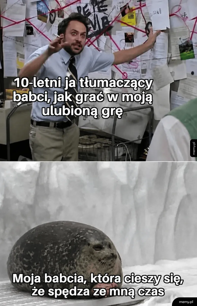 Mężczyzna wskazuje na tablicę z notatkami, a obok tekst o babci i grze.