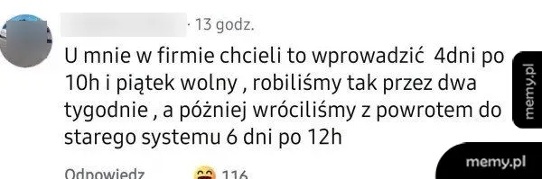 Tekst o zmianach w systemie pracy w firmie.