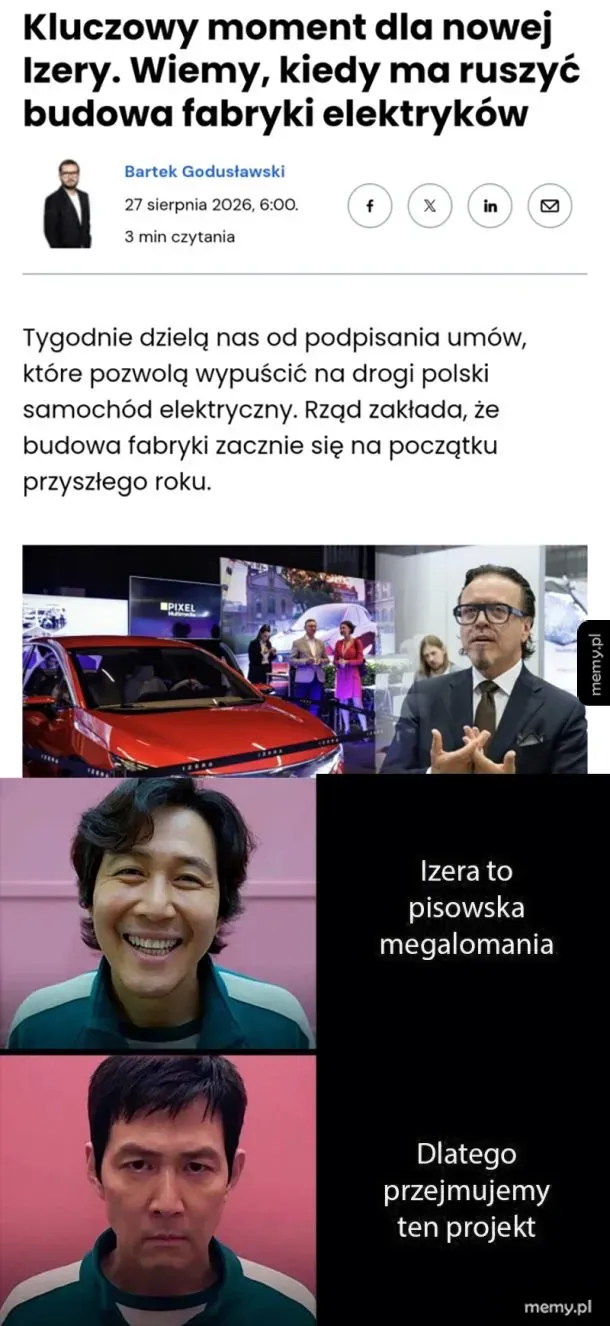 Mem nawiązujący do polskiego samochodu elektrycznego Izera i serialu Squid Game.