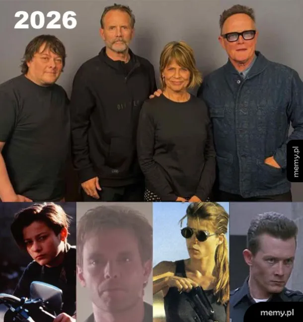 Porównanie aktorów z filmu Terminator: ich współczesny wygląd oraz kadry z młodości.