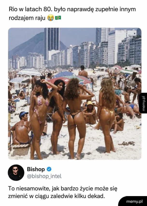 Kobiety w skąpych bikini na zatłoczonej plaży w Rio de Janeiro w latach 80.