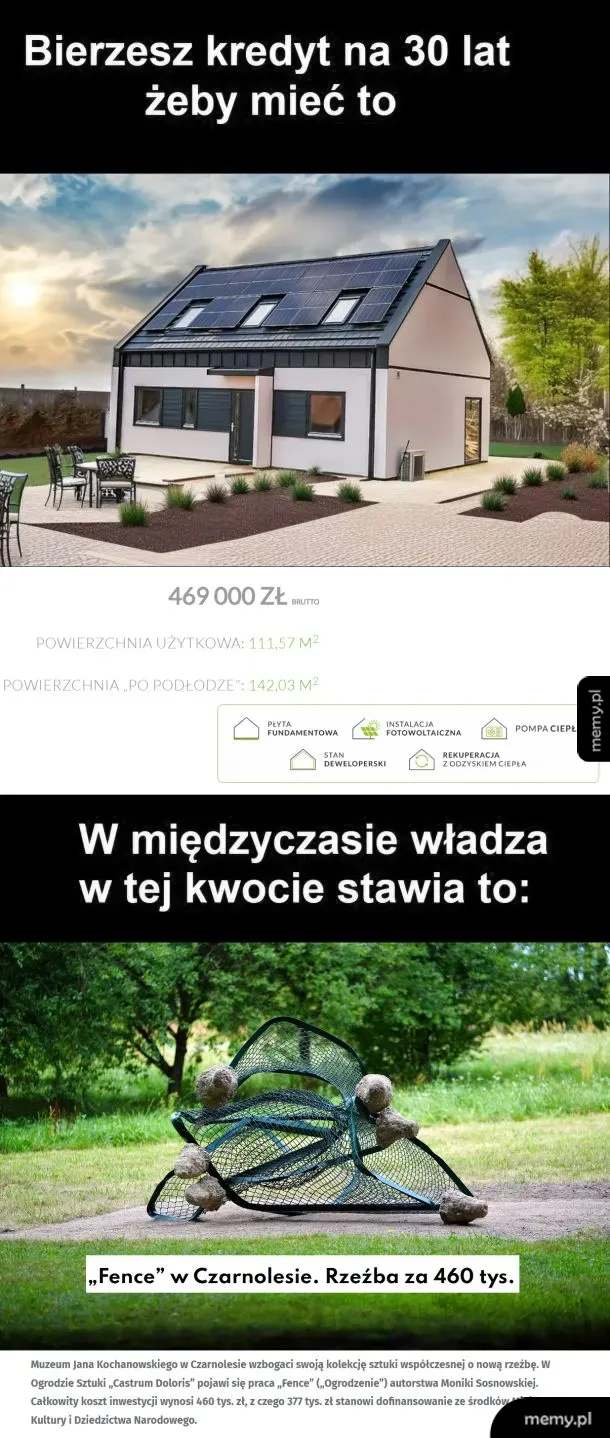 Porównanie nowoczesnego domu za 469 tys. zł z drogą, abstrakcyjną rzeźbou w Czarnolesie.