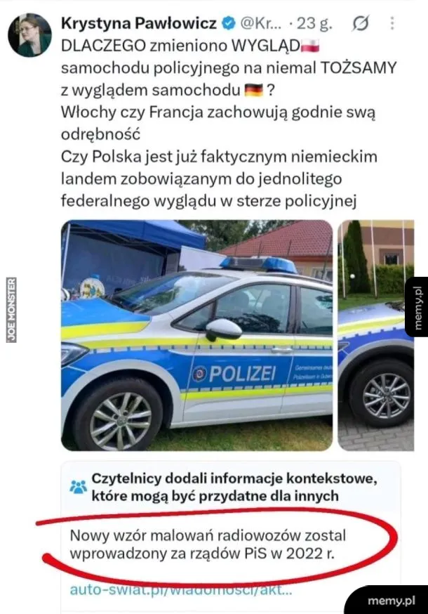 Wpis Krystyny Pawłowicz na Twitterze o radiowozach i sprostowanie użytkowników.