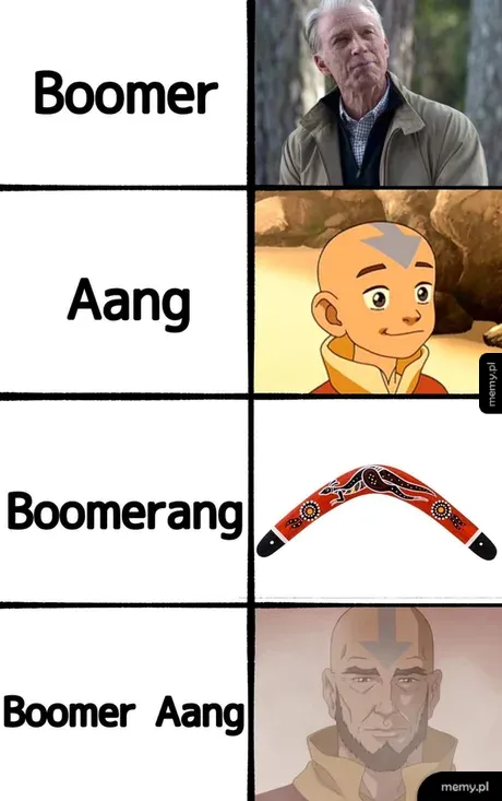 Memiczne zestawienie słów Boomer, Aang, Boomerang i Boomer Aang z grafikami postać z filmów i bajek.