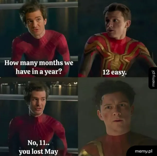 Mem ze Spider-Manem pytającym o liczbę miesięcy w roku i robiącym słowny żart z imieniem Maj