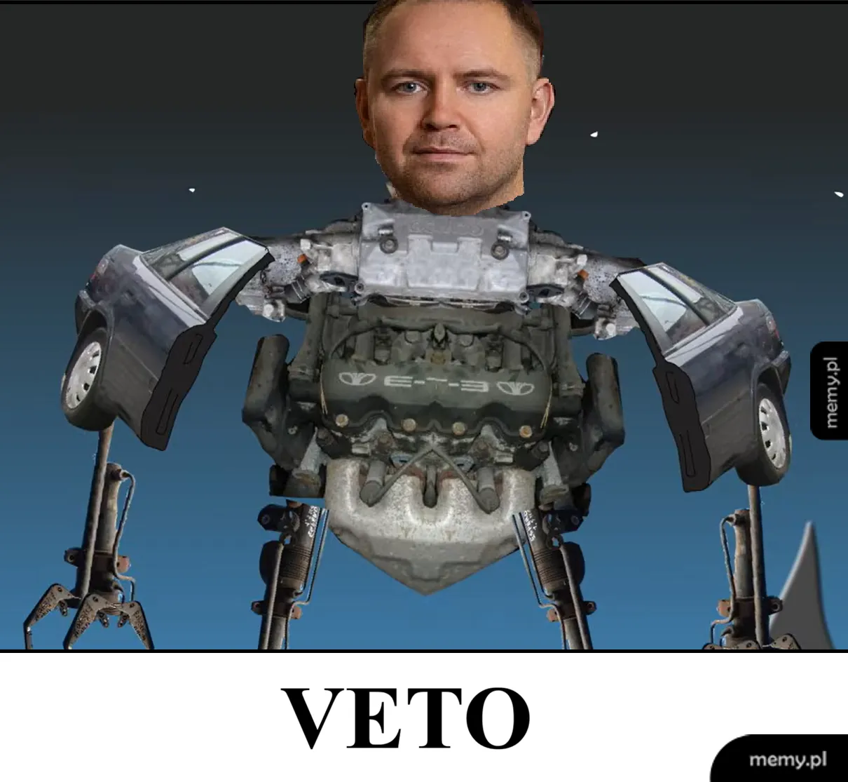 Memy Sławomir Mentzen jako robot Transformer złożony z części samochodowych i napisem VETO