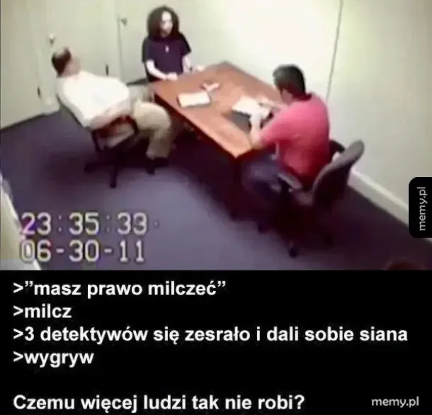 Kadr z monitoringu przedstawiający przesłuchanie w pokoju przesłuchań z trzema osobami przy stole.