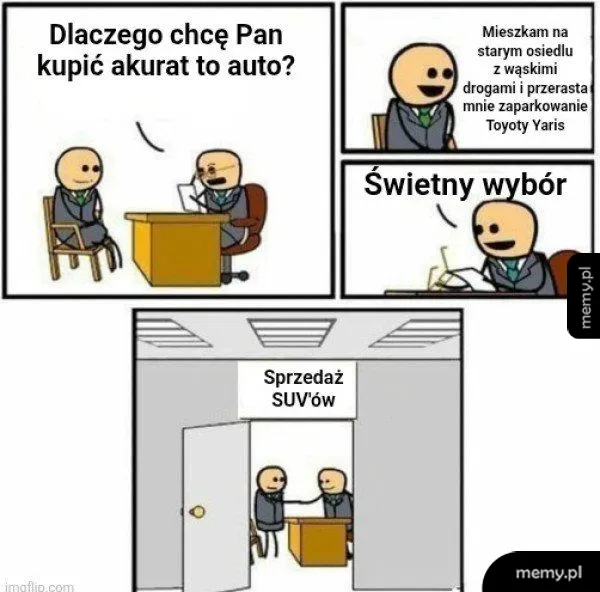 Komiks o zakupie SUV-a w salonie samochodowym