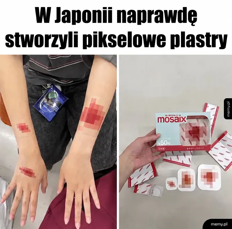 Mem z napisami o pikselowych plastrach w Japonii i zdjęciami dłoni z takimi plastrami.