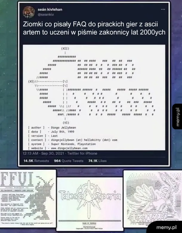 Mem z tweetem o autorach FAQ w grach z ascii artem oraz przykłady plików tekstowych z grafiką.