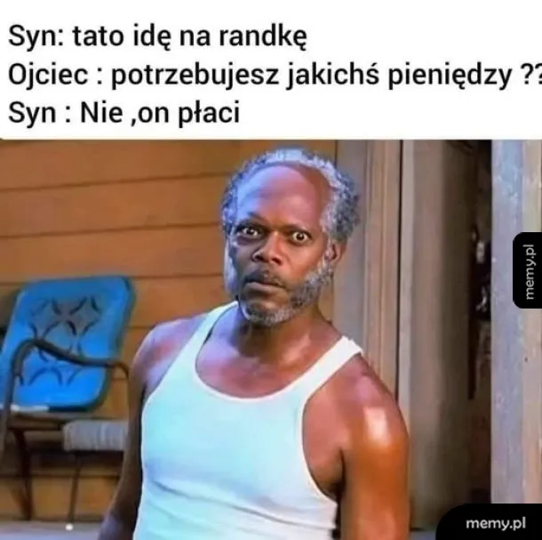 Mężczyzna z szeroko otwartymi oczami i podpis z żartem o randce syna.