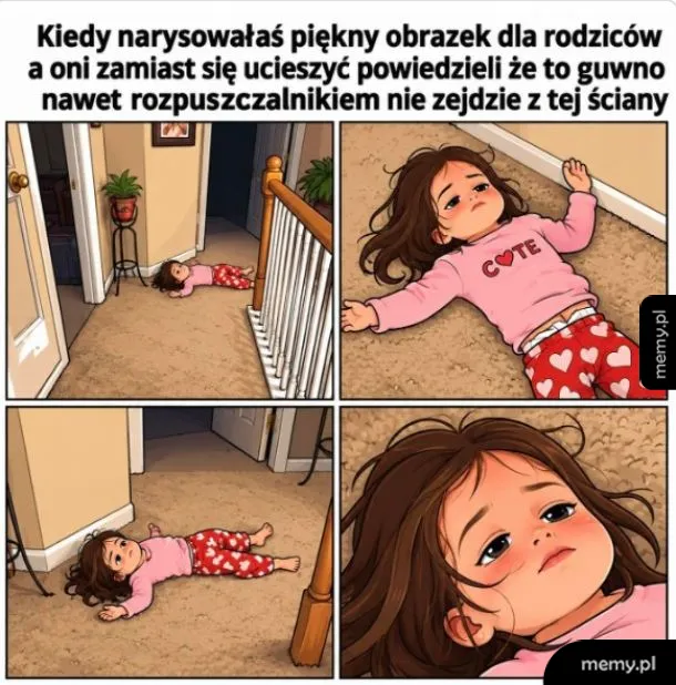 Komiks przedstawiający dziewczynkę leżącą na dywanie zrezygnowaną po tym, jak narysowała obrazek na ścianie