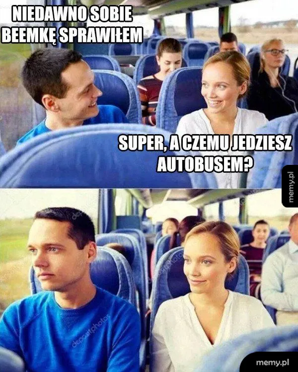Mężczyzna i kobieta rozmawiają w autobusie, potem on patrzy smutno przed siebie.