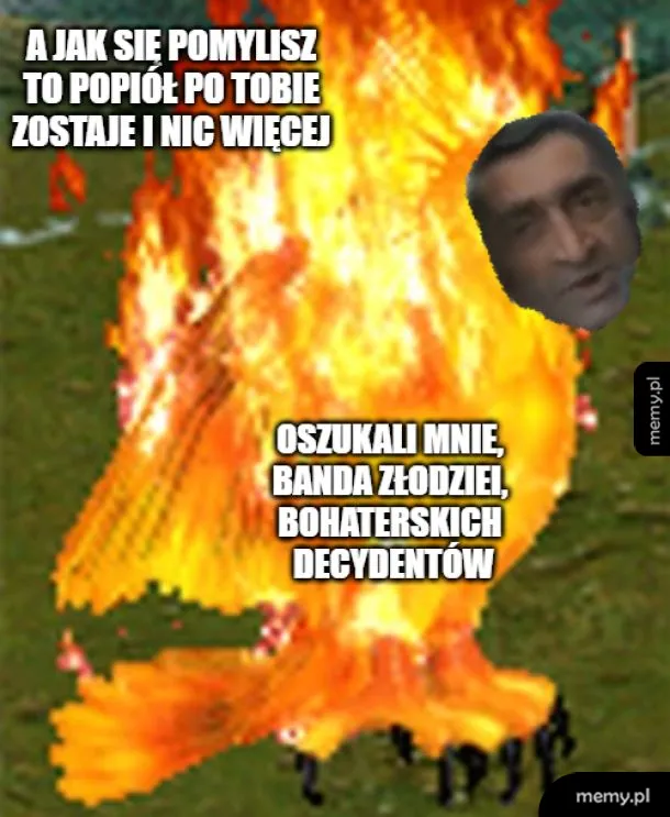 Ptak w płomieniach z twarzą polityka i napisy o pomyłce i oszustwie.