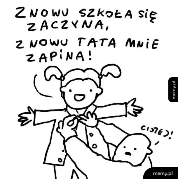 Rysunek przedstawiający ojca zapinającego córkę do szkoły.