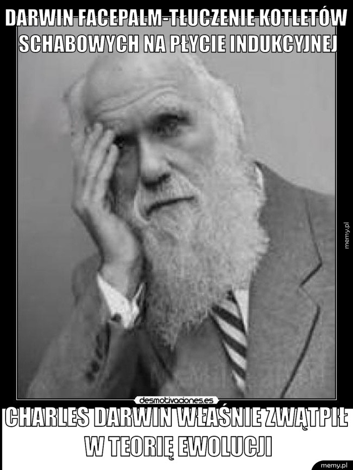 Darwin facepalm-Tłuczenie kotletów schabowych na płycie indukcyjnej Charles Darwin właśnie zwątpił w teorię ewolucji