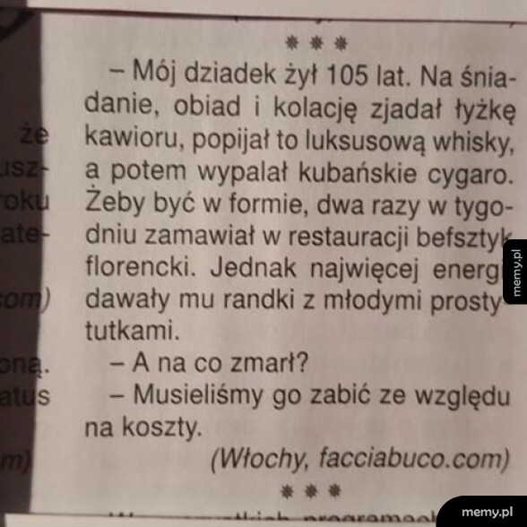 Zdjęcie wycinka z gazety z żartem o dziadku i kosztach jego utrzymania.