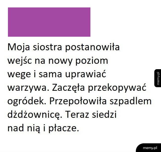 Mem z tekstem o siostrze wegetariance, która przez przypadek zraniła dżdżownicę.