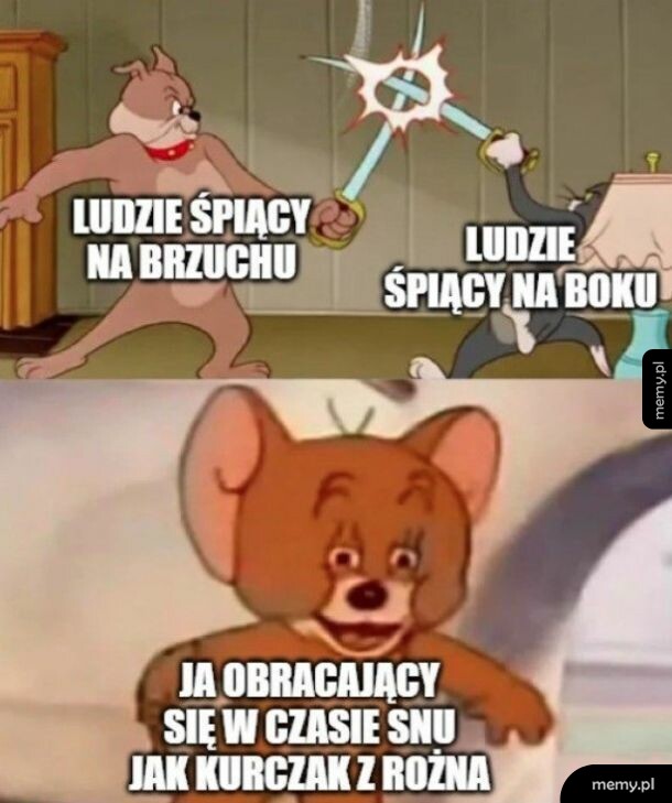 Mem z Tomem i Jerrym walczącymi na szpady oraz Jerrym z szaloną miną.