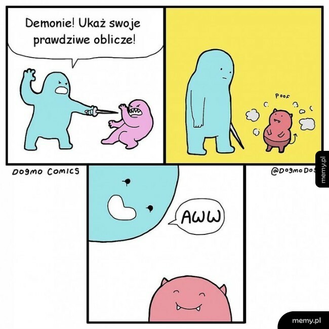 Komiks z niebieską postacią i małym różowym demonem, który okazuje się uroczy.
